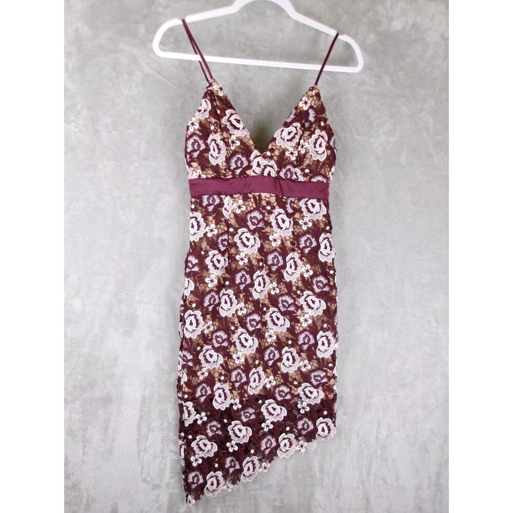 Bardot Burgundy Floral Lace Midi Dress XS US 4 Spaghetti Strap Bodycon